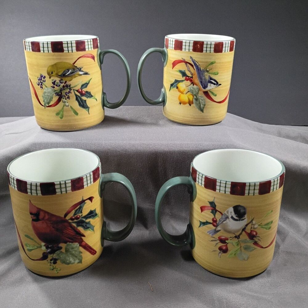 Lenox Winter Greetings Everyday Set of 4 mugs birds Winter Holiday Tartan Cup